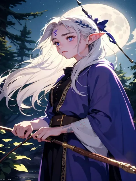 1 girl, top-quality, Ghibli Studio style, action pose, aiming bow, shooting arrow, high resolution, Lily Collins face, long white hair, elf, elven archer, white facial tattoos, healthy skin, tanned, holding a magic bow, action scene, aiming bow, Profession...