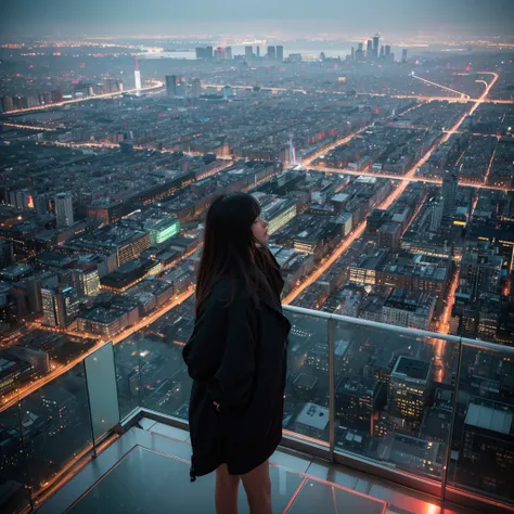 rainy evening，Girl stands on a tall building looking at the city below，Flashing neon lights，passing traffic，Two-dimensional style