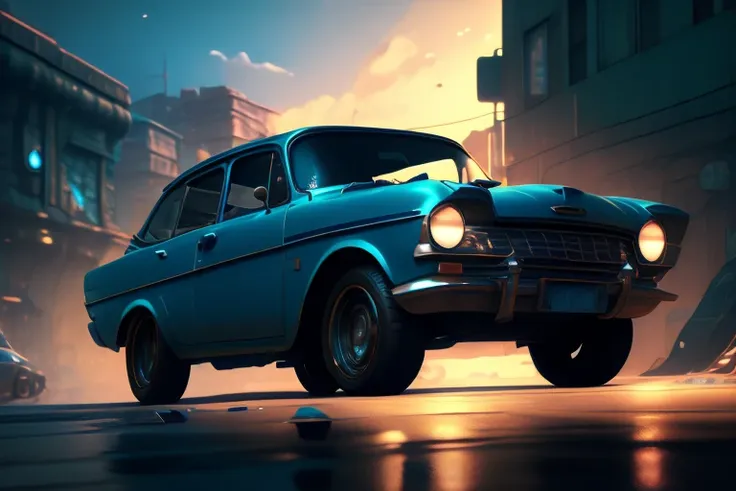 there  a blue car that  parked on the street, highly detailed hyper real retro, cinema 4d cinematic render, unreal engine. retro film still, moskvich, octane photoreal 3 d render, photorealistic render in octane, photo realistic octane render, photorealist...