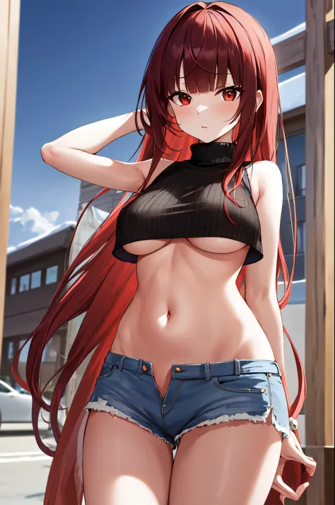 masterpiece, best quality, highres, hmjy1, long hair, blunt bangs, red eyes, turtleneck, sleeveless sweater, street, underboob, navel, short shorts, highleg panties, cowboy shot, standing