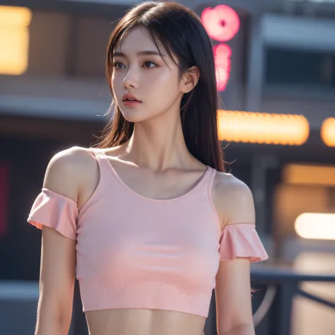 ((extreme hight detail)),(ultra - detailed), extremely detaild的 CG unified 8k wallpapers,Best quality at best, tmasterpiece, Emily_t8, cropped shoulders,  Pink cropped top,