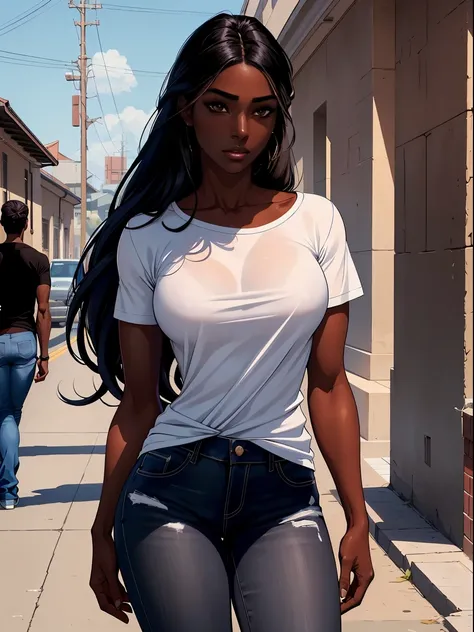 Dark skin ebony young woman in an casual shirt and blue jeans, clear defined brown eyes, perfect wild cloud of long black hair, deceptively shy, flirtatious, revenge, hugging tall masculine attractive man, side profile