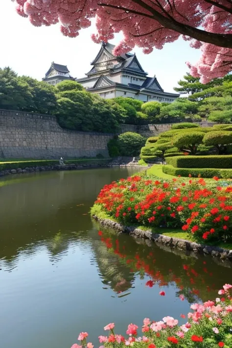 Edo castle town,Castles,a river,red bridge,Summer flowers