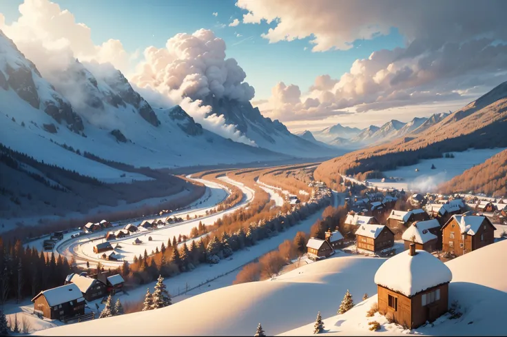 2D, A snow-covered landscape with rolling hills, a quaint village nestled in the valley, and smoke rising from the chimneys