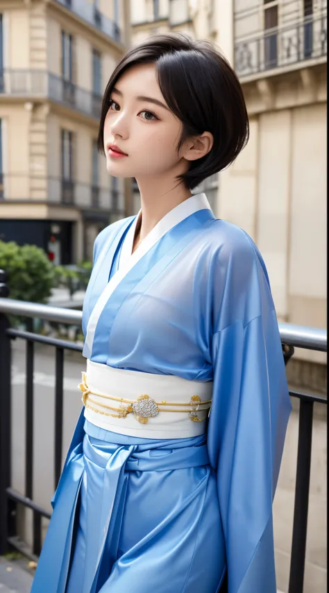 (quality, 16k, tmasterpiece: 1.3)), 1 girl, Focus sharp: 1.2, Beautiful Women with Perfect Figure: 1.4, Slim abs: 1.2, (((Bob has short hair)), ((small: 1.4)), ((beautiful face idol: 1.3)), (Transparent fabric kimono 1.5)), Highly Detailed Face and Skin Te...