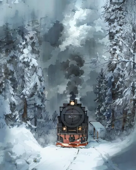 here&#39;this is a watercolor drawing, watercolour,watercolor paints,train, which rolls on rails in the snow, white steam ,new y...