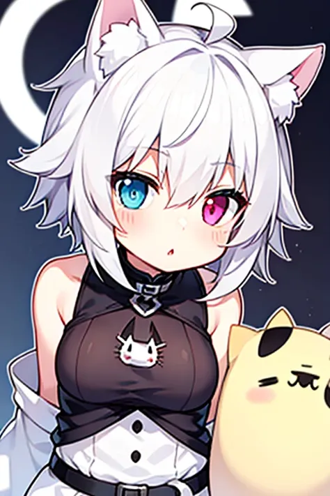 neuter　kawaii　Heterochromia　ahoge　short detailed hair　front-facing view,with short white hair，cat ear