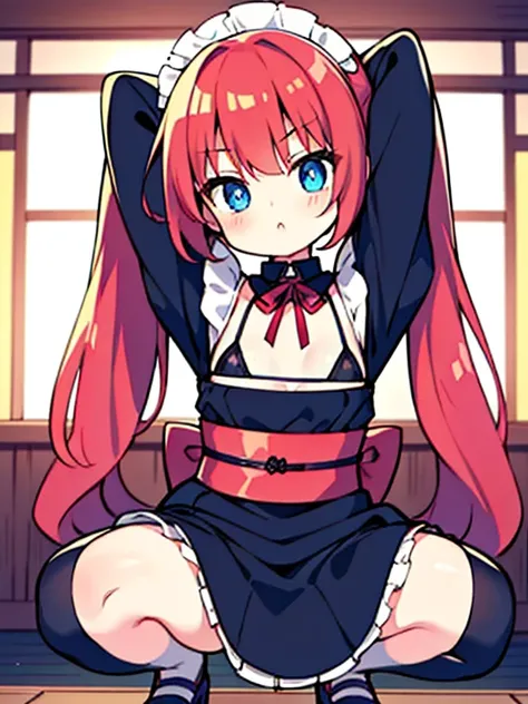 {{best quality}}, {{masterpiece}}, {{ultra-detailed}}, {illustration}, {detailed light}, red hair,blue eyes,twintails,maid, long hair, long sleeves, gothic, solo, loli,little girl,cute, japanese anime, gravure style, micro bikini, arms behind head, squatti...