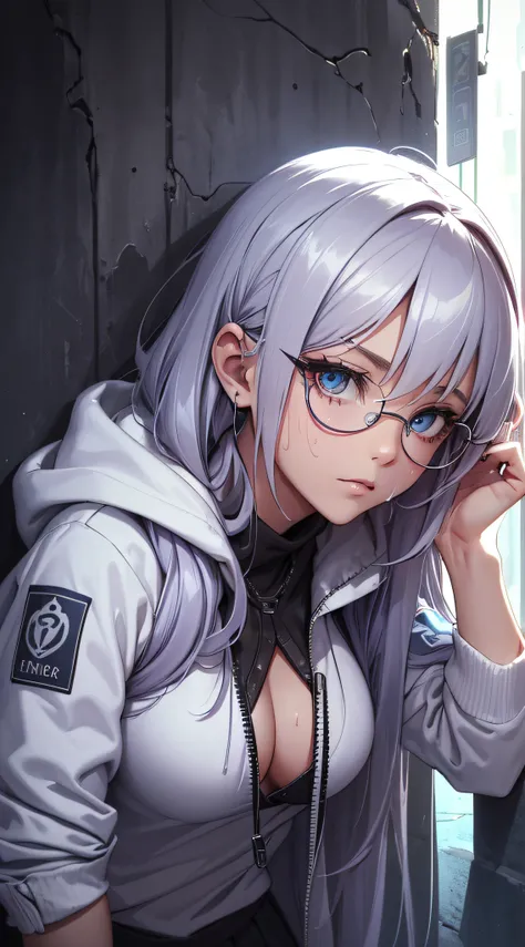 top-quality、Top image quality、​masterpiece、teens girl((White hoodie with open chest、Black skirt、18year old、 Ager、Best Bust、big bast,Beautiful light blue eyes, Long silver hair、A slender,Large valleys、Reflecting the whole body、Leaning forward、put red sungla...