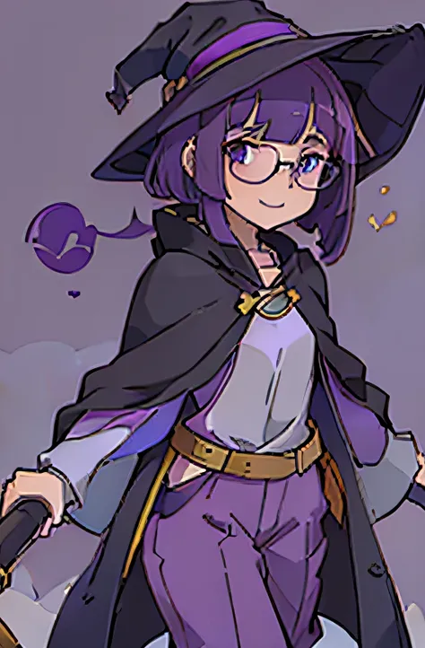 Young, lanky, flat, (tall) girl. She had short, dark purple, straight hair in a bob She sported a large witch hat and circular glasses. She wears a (purple) cloak with yellow accents, and black tunic and pants. She looks happy.