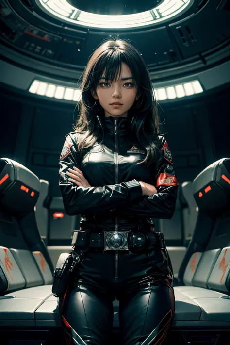 A beautiful woman looks at the camera with a defiant expression. she has her arms crossed. She is wearing black combat uniform. There is something like Kamen Riders transformation belt on his waist. She is inside a spaceship, with a command seat behind her...