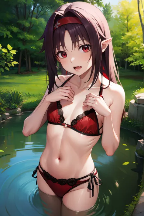 yuukikonno, yuuki konno, hairband, long hair, pointy ears, purple hair, (red eyes:1.5), (small breasts:1.2), open mouth,
BREAK pink bikini, red hair band
BREAK looking at viewer, upper body, full body,
BREAK outdoors, forest, nature,
BREAK (masterpiece:1.2...