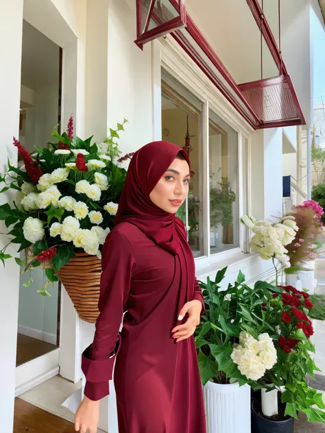 there  a woman standing in front of a building with flowers, inspired by nazmi ziya güran, maroon red, emir, with ivy, inspired ...