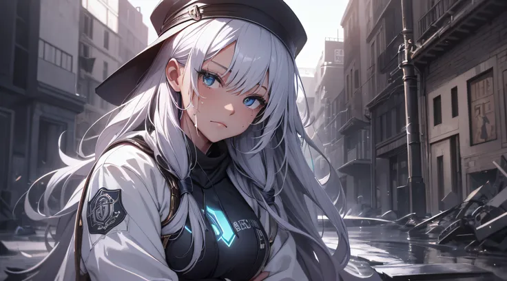 top-quality、Top image quality、​masterpiece、teens girl((White hoodie with open chest、Black skirt、18year old、 Ager、Best Bust、big bast,Beautiful light blue eyes, Long silver hair、A slender,Large valleys、Reflecting the whole body、Leaning forward、hold the hilt ...