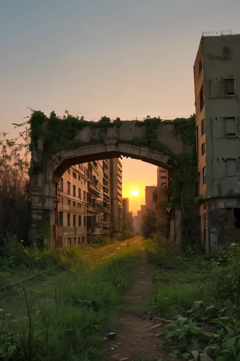 Uninhabited city，The ruined city  deserted，The city  overgrown with weeds and plants，the setting sun，zombi