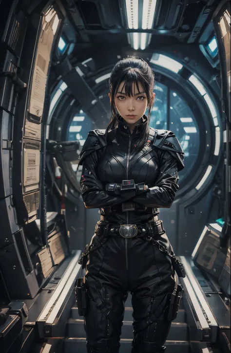 A beautiful woman looks at the camera with a defiant expression. she has her arms crossed. She is wearing black combat uniform. There is something like Kamen Riders transformation belt on his waist. She is inside a spaceship, with a command seat behind her...