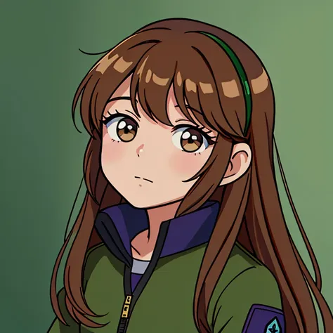 una chica monika (doki doki literature club) long loose brown hair, light brown eyes, saco militar verde oscuro abrazando a un c...