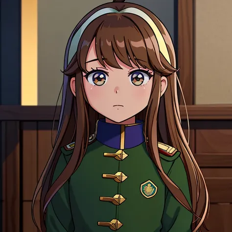 una chica monika (doki doki literature club) long loose brown hair, light brown eyes, saco militar verde oscuro abrazando a un c...