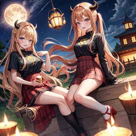 Red-blonde、poneyTail、verd s eyes、one good looking girl、独奏、animesque、lightly dressed、Plaid miniskirt、a black T-shirt、grass field、sitting on、fullmoon、candle fire、Meteor swarm、Glittering starry sky、are flying、golden castle、A chicken is on top of the bull and ...