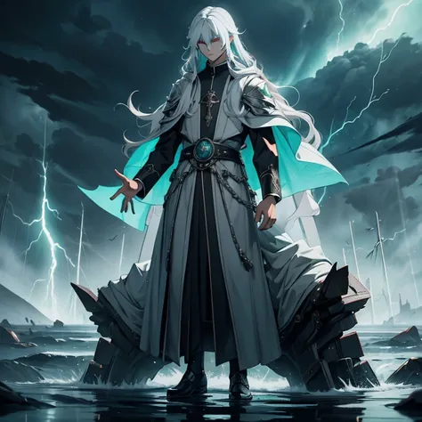 Master piece, 8k, ultra detailed, god, light grey cassock, emerald jewel, man, male slender man, long cyan hair, red eyes, full body frame, hurricane and lightnings background