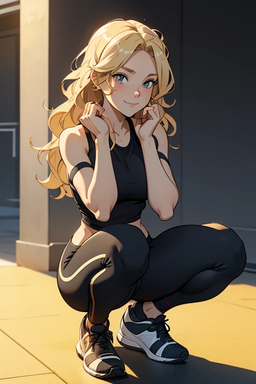 A beautiful blonde  happy woman with wavy hair in short black workout clothes, squatting.