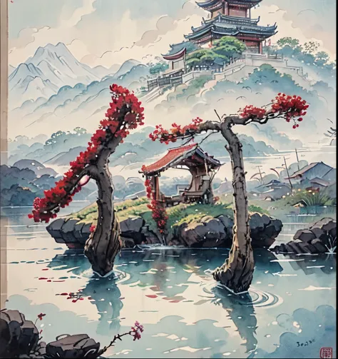 mountain painting with a pagoda on a small island, chinese watercolor style, chinese painting style, digital painting of a pagod...