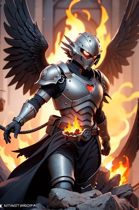 a Armored warrior with eagle on shoulder, Eagle behind Warrior, eagle spreading wings, Bath fire, (In flameright, fiery, Hot, Red, flaming, Burning flame, on fire, (closeup flame), brilliant color background, outstanding, romanticism, Luminism, vignetting,...