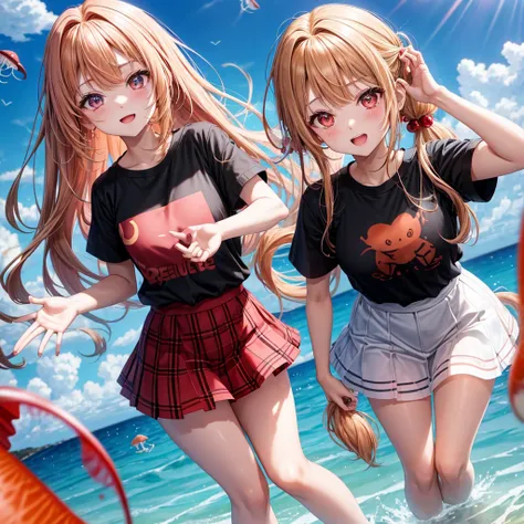 Red-blonde、poneyTail、verd s eyes、one good looking girl、独奏、animesque、lightly dressed、Plaid miniskirt、a black T-shirt、In the sea、are flying、glitter jellyfish