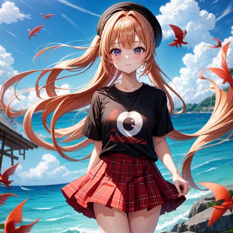 Red-blonde、poneyTail、verd s eyes、one good looking girl、独奏、animesque、lightly dressed、Plaid miniskirt、a black T-shirt、sea of clouds、are flying、flying fish