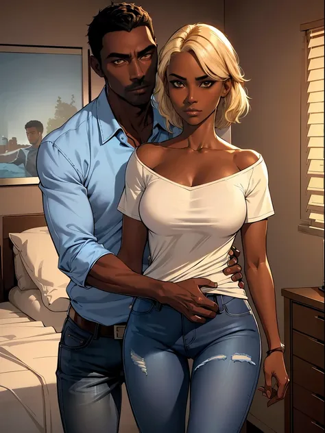 (tall dark skin ebony man in a casual shirt and blue jeans, broad shoulders, black hair), a disheveled attractive woman with blo...