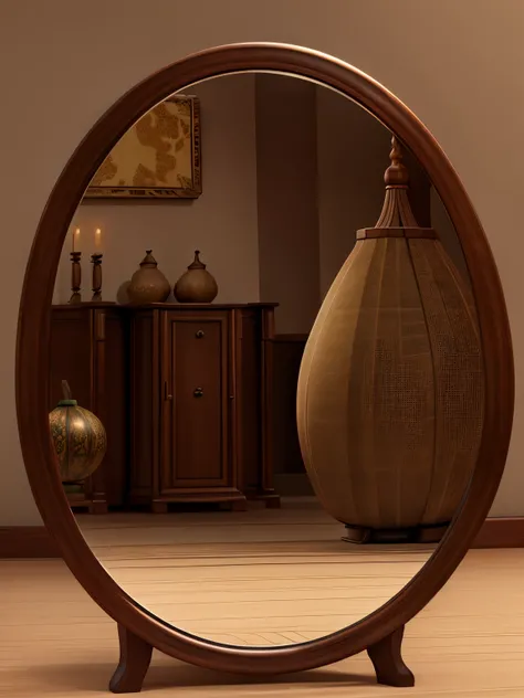 A bronze mirror decorated with a gourd texture pattern， yet exquisite，The whole  round，Dignified and generous，China-style，Suitable for collection and display。Pure background