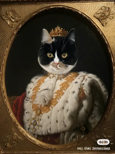 Wearing a gold and white dreseline cat wearing a crown, royal portrait, royal portrait, Majesty in noble attire, royal portrait painting, Princess Wavina oil painting, in cat paintings, portrait of a king, portrait of a queen, reduced portrait of the duke,...