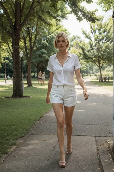 Tall Danish woman in her 40s. Short, wedge cut, blonde hair. Completly unbuttoned white blouse, cotton shorts, sandals. Walking in the park eating icecream. Sunny summer day. Full view.