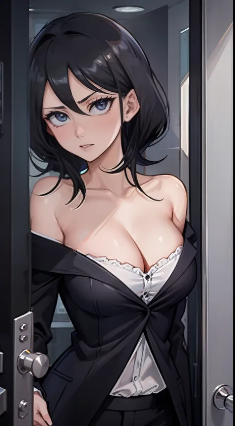 Off-the-shoulder clothing，Look into the camera，The upper part of the body，black colored hair，Serious，cleavage，Business suits，elevator room