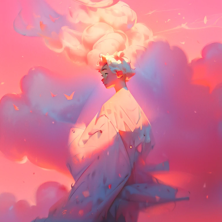 pink back ground，Background with orange sunburst rings，Libido boy，White pupils，Disney，Light colored short hair，pink-orange gradient，Clouds float，Disney，light yarn，Sparkling，Quiet，surrounded by huge white wings