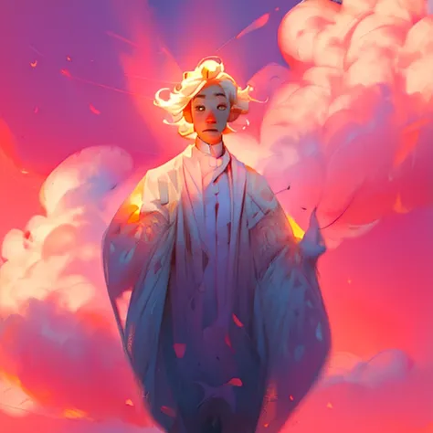 pink back ground，Background with orange sunburst rings，Libido boy，White pupils，Disney，Light colored short hair，pink-orange gradient，Clouds float，Disney，light yarn，Sparkling，Quiet，surrounded by huge white wings