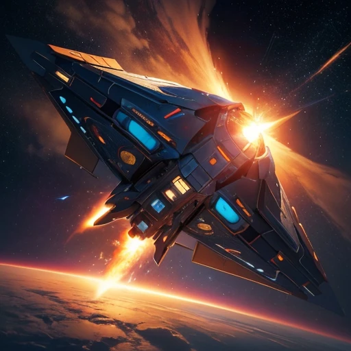 Futuristic, a space ship,Detailed body, BABYLON 5,Rectangular shapes, high detail, a stream of meteorites burning in the atmosphere and falling onto the planet, explosions on the surface of the planet, hovering above the surface of the planet at a high alt...