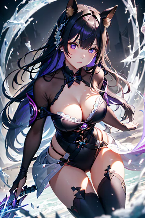 ((Marl、Horse ear headband、fake horse ears)）、（lightly dressed、cleavage of the breast、fully body photo、Beautiful legs)、（natta、murky、Jet black、darkness、magia、Sorcerer、machine gun、guns、Purple hair color、length hair、Dark eyeliner、Dark eyeliner、Dark eyeshadow、Sn...