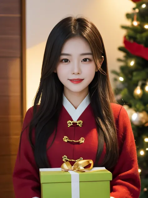 A beautiful chinese girl wearing Christmas attire selecting gifts. She has long hair, a face shaped like a melon seed, delicate features, warm colors, and a strong festive atmosphere.