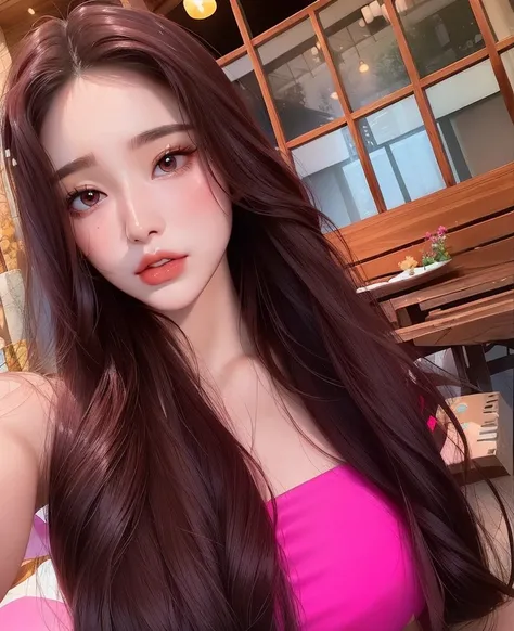 a close up of a woman with long hair wearing a pink top, beautiful south korean woman, gorgeous young korean woman, beautiful young korean woman, ulzzang, asian girl with long hair, korean girl, dilraba dilmurat, young adorable korean face, korean woman, p...