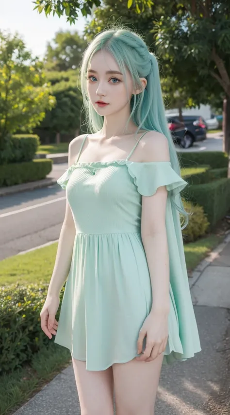 A cute little girl standing, pale skin, wearing green dress, smooth pale skin, skin tune pink, cute face, blue eyes, green hair, super detailed, 8k