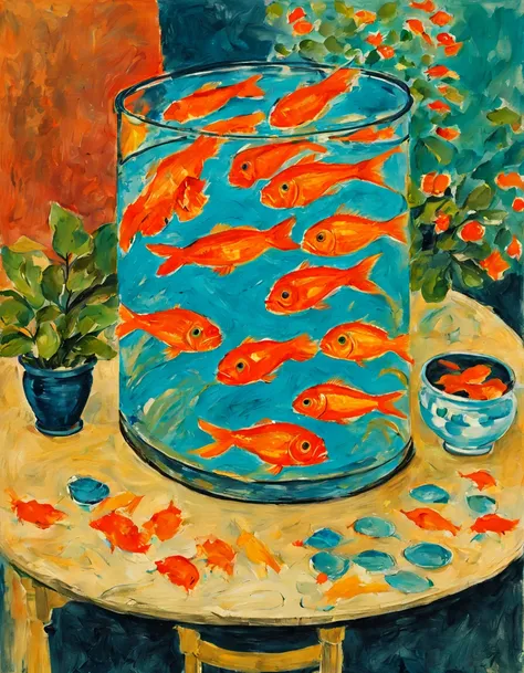 m4t1 goldfish in an aquarium on the table, thick paint, brush strokes