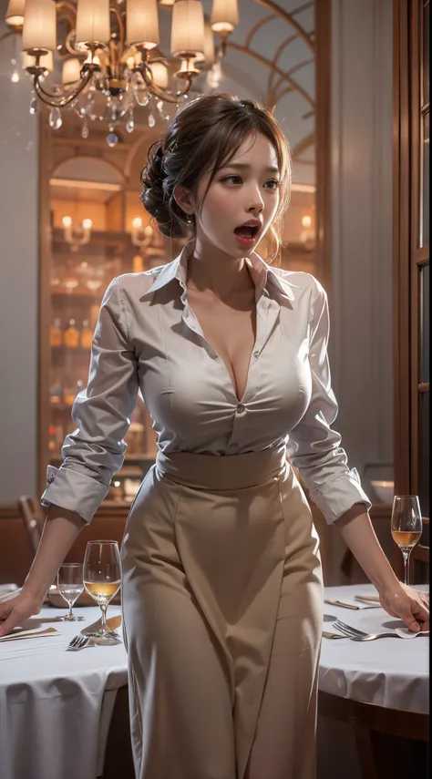 nsfw, 8k, best quality, highres, realistic, real person, a woman in a high-end restaurant, standing up and screaming in anger af...