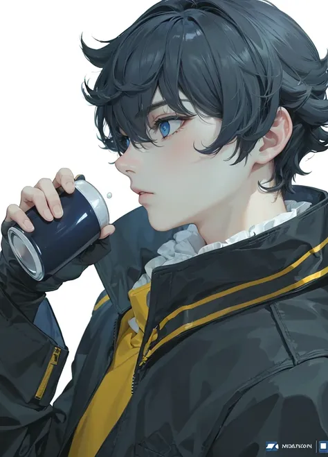 A boy side view holding cup with blue eyes and wearing dark gray with yellow border jacket