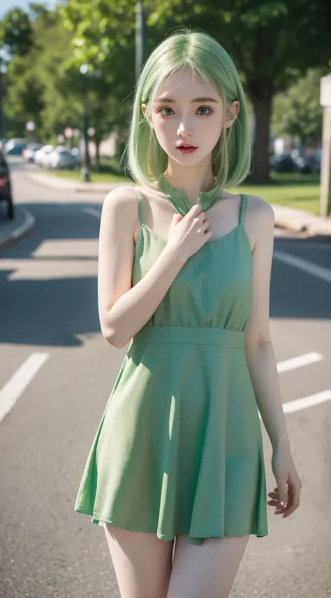 A cute little girl standing, wearing green dress, pale skin, smooth pale skin, skin tune pink, cute face, green eyes, green hair, super detailed, 8k