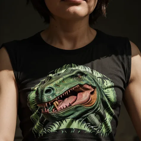 A t-shirt adorned with a furious dinosaur design, depicting the dinosaur in a state of rage with vivid details and intensity.