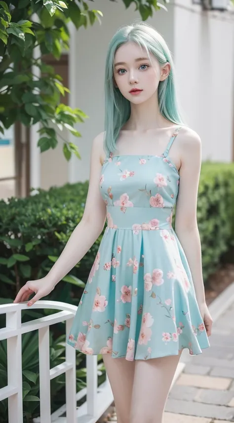 A cute little girl standing, wearing floral dress, pale skin, smooth pale skin, skin tune pink, cute face, blue eyes, green hair, super detailed, 8k