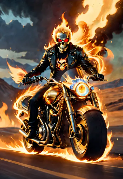 beautiful and sci-fi，((ghost rider rides a motorcycle made of gold and vibranium))，((ghost rider&#39;s&#39;s eyes sparkle with f...