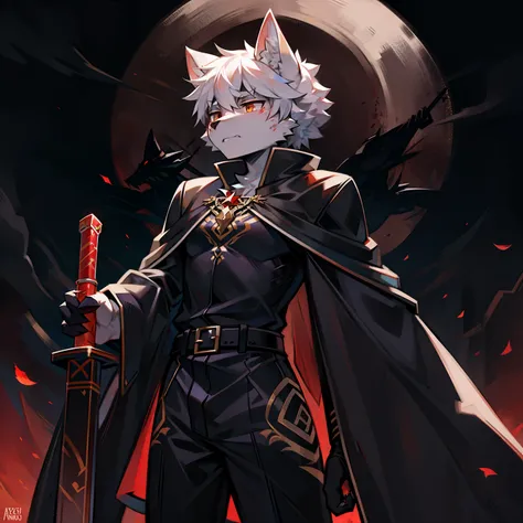 furry, a white wolf in the midst of a chameleon battlefield., fight with his sword across the battlefield at night......... blac...