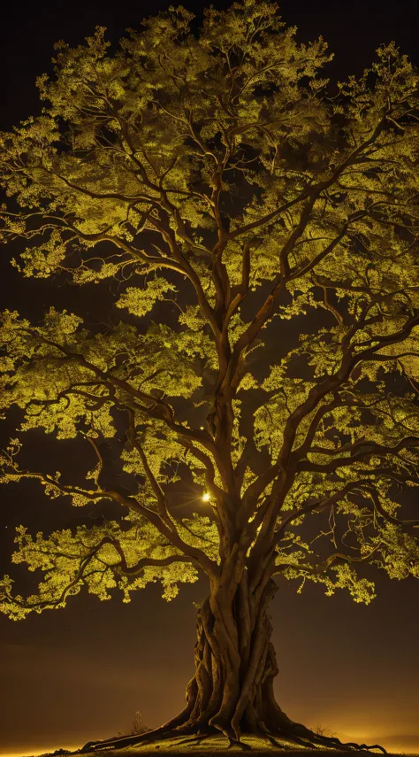 An ancient, gnarled tree with sprawling branches, its leaves shimmering with an otherworldly glow. The roots twist and turn like veins, representing the intricate connection between health and life force